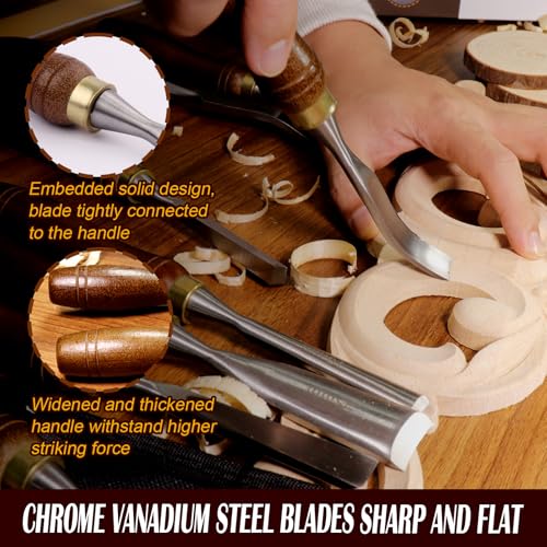 LWCUSNJ 12-Piece Wood Chisel Set,CR-V 60 Steel Blades Straight Edge V Chisel Gouge Carving Tools for Woodworking Beginners & Professionals with Storage Case - Image 4