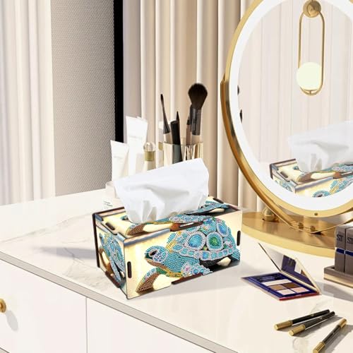 Image of Diamond Painting Tissue Box Cover - Sea Turtle Design Wooden DIY Rhinestone Diamond Art Kit for Home Office Decor, Handmade Craft Storage Holder