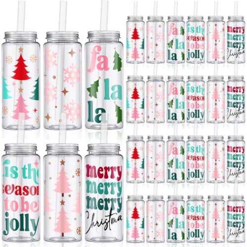Meanplan 24 Pcs Christmas Plastic Cup Bulk 14 oz Pastel Xmas Tumbler Gifts