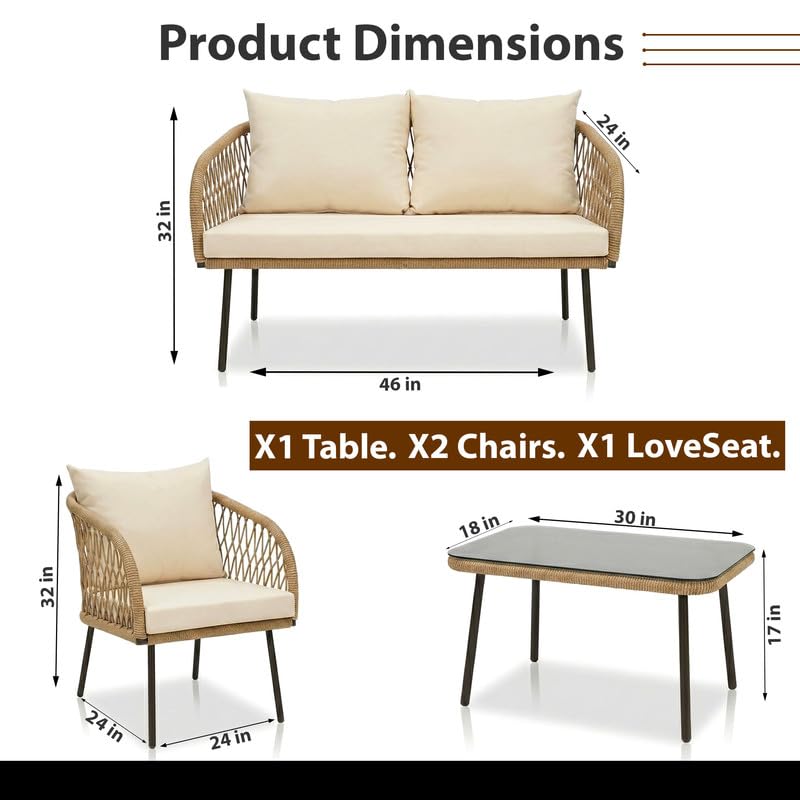 Image of OUTLIVING Braid Rope & Metal Frame Outdoor 4-Seater Sofa Set with Tempered Glass Top Center Table, Water-Repellent Cushions & Handwoven Design for Patio, Garden and Balcony (Beige)