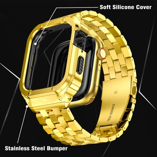SUPLINK Stainless Steel Case with Band Compatible with Apple Watch Straps Series SE 9 8 7 6 5 4 3 2 1 38mm 40mm 41mm Metal Rugged Protector Cover for iWatch Men (Gold) - Image 4