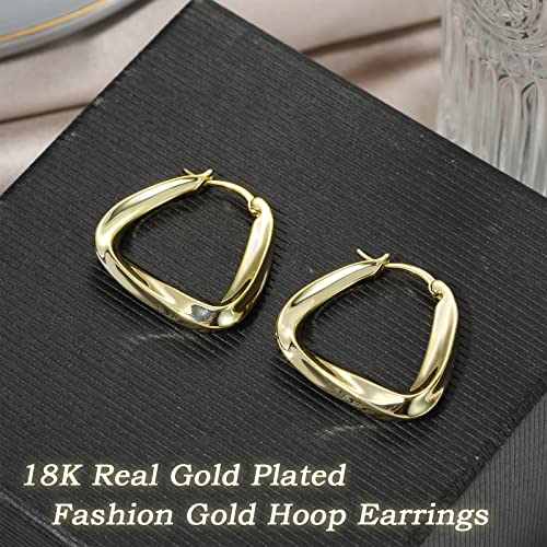 Thick Gold Hoop Earrings for Women,18K Gold Plated Sterling Silver Chunky Hoop Earrings Fashion Geometry Square Earrings Gold Jewelr4