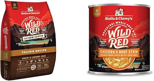 Stella & Chewy's Wild Red - Alimento seco para perros con croquetas crudas, receta de pradera, bolsa de 21 libras + comida húmeda para perros de