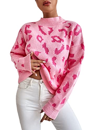 MakeMeChic Women's Leopard Pattern Mock Neck Drop Shoulder Long Sleeve Sweater Pullover Top