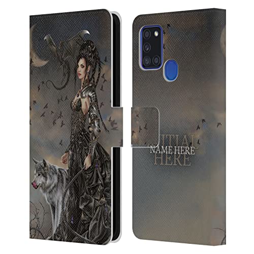 Coque en cuir Samsung Galaxy A21s personnalisable avec nom housse portefeuille loup féerique
