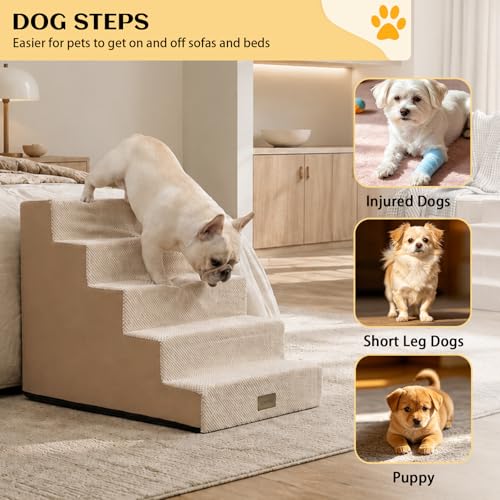 LOMORA Dog Stairs for Small Dogs, 5 Tier Widened Pet Stairs for High Beds, 23.6" H Non-Slip Dog Steps for Puppy, Elderly, or Disabled Dogs, 17.7x30x23.6 inch, Beige by LOMORA - Image 2