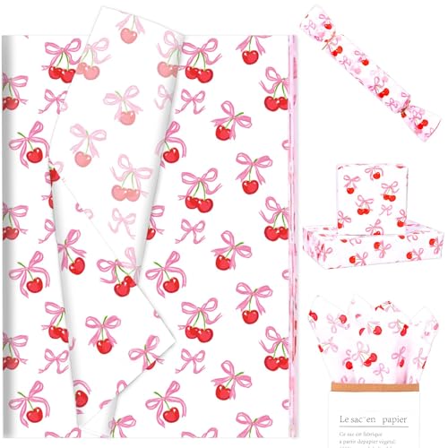 100Pcs Pink Bow Cherry Tissue Paper Sweet Bowknots Red Cherry Printed Tissue Paper for Birthday Party Bags DIY Craft
