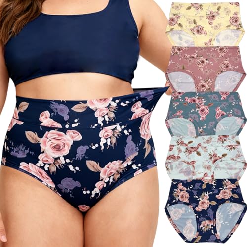 Image of Women's Plus Size XL-5XL Underwear High Waist Briefs Panties Rose Floral Print Ladies Undies 5-Pack