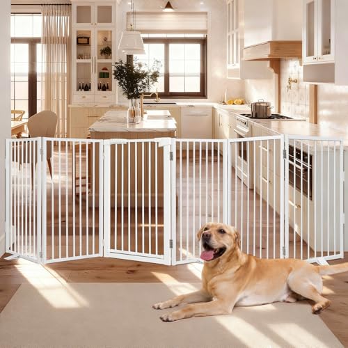 Snagle Paw Metal Freestanding Dog Gate with Door,120” W x 36” H Dog Fence with Support Feet for Doorways, Stairs and Hallways, Portable Pet Gate for Indoor Use (6 Panel, White) White 6 Panel