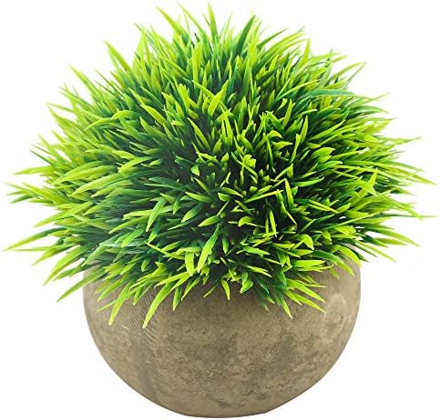 Svenee Mini Artificial Plants, Plastic Fake Green Grass Faux Greenery Topiary Shrubs with Grey Pots for Bathroom Home Office Décor, House Decorations (1)