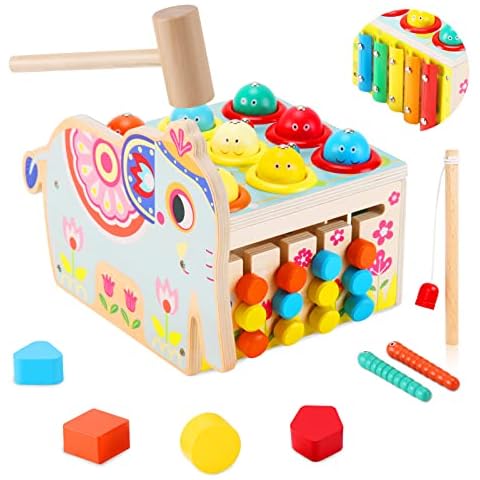 JUWUGU 5 IN 1 Wooden Hammering Pounding Toy for 3 4 5 Year Old Boys and Girls, Montessori Educational Toys with Xylophone Pounding Shape Sorting Fishing Christmas Birthday Gifts for Kids Age 3+ Cover
