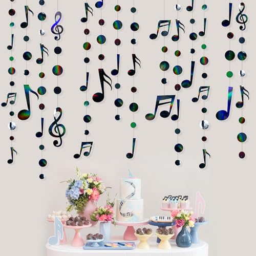 Image of Music Party Decorations Black Iridescent Music Notes Polka Dot Garland Musical Notes Cutouts Streamer for Music Concert 50's Theme Birthday Wedding Bachelorette Hen Party Supplies