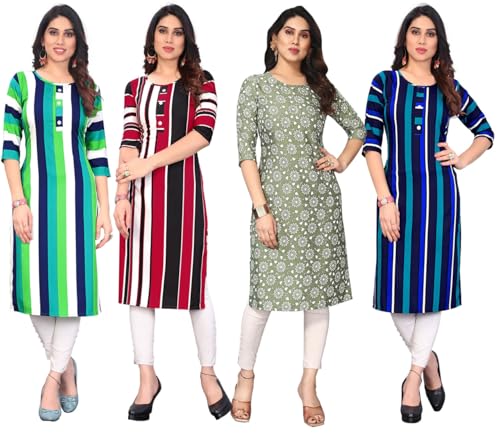 Image of JAKHANA Women's Crepe Printed Casual Straight Calf Length Round Nick Kurta Pack of 4