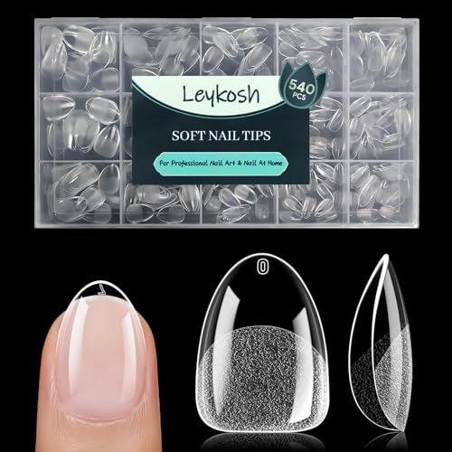 Image of Leykosh 540 Pcs Extra Short Almond False Nail Tips, 15 Sizes with Half Sizes, 70-Grit Pre-shaped Half Matte Soft Clear Acrylic Press Ons, Full Cover Fake Nails for Salon Manicure, Extensions & DIY