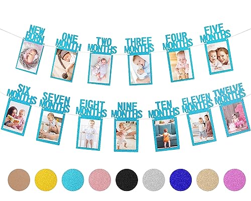 Whaline 1st Birthday Baby Photo Banner for Newborn to 12 Months, Monthly Milestone Photograph Bunting Garland, First Birthday Celebration Decoration (Blue)