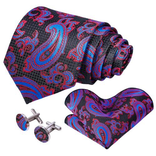 Image of 5PCS Mens Silk Tie, Pocket Square, Cufflinks, Drilled Tie Ring and Lapel Pin Set for Wedding Groom Party