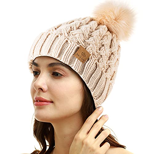 Page One Womens Winter Ribbed Beanie Crossed Cap Chunky Cable Knit Pompom Soft Warm Hat Beige #TOP1