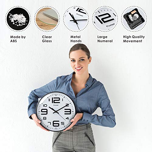 Plumeet Silent Wall Clocks - 12" Non-Ticking Quartz Large Decorative Clocks - Big 3D Number Good for Living Room Home Office Battery Operated (White)