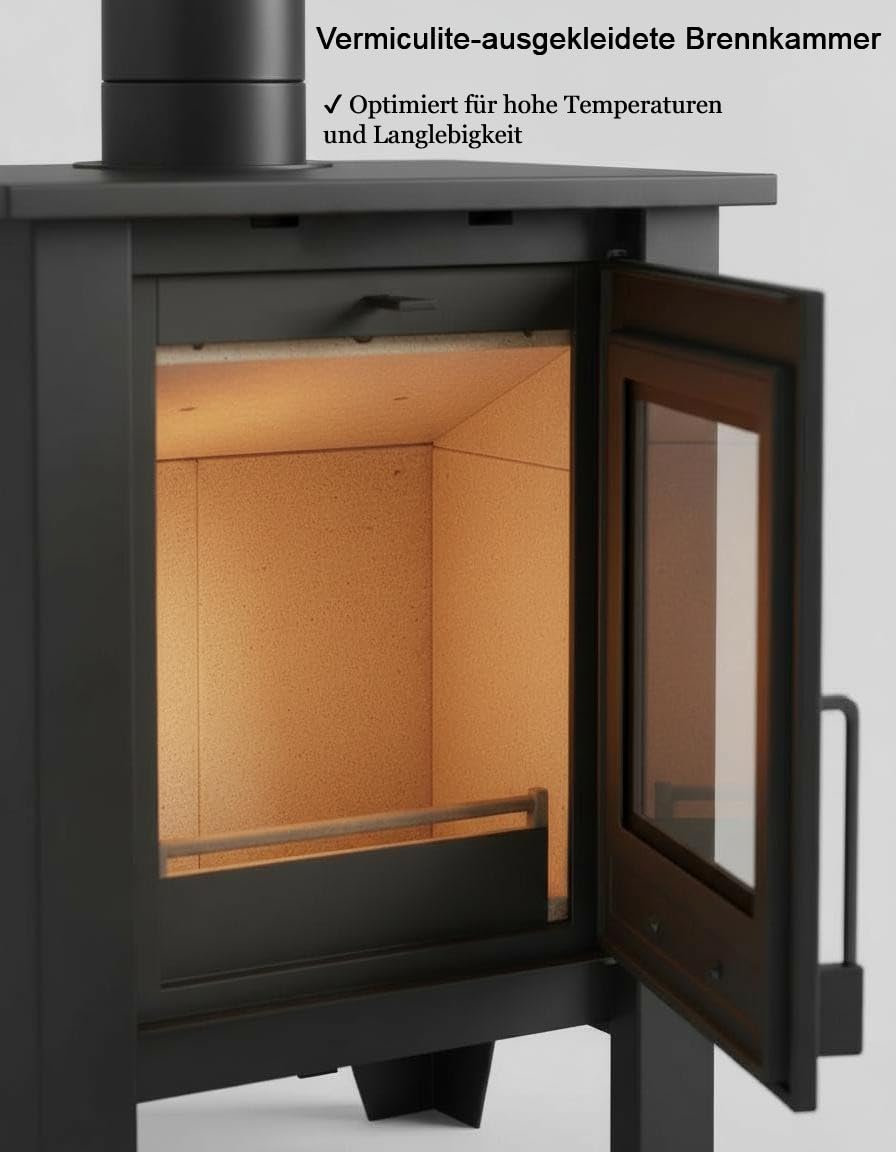 NEMAXX® H8 Belüfteter Holzofen Kaminofen Schwarz 7,6 kW 50–90 m² Warmluftgebläse Tangentiallüfter 2 Stufen Primär-/Sekundärluft EEK A 76% Ø 150 mm Vermiculite-Auskleidung Keramikglas 850 °C