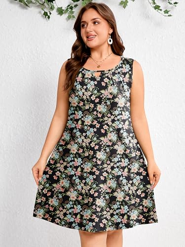 Image of AusLook Plus Size Summer Midi Dress for Women Sleeveless Casual A Line Swing Dress with Pockets Keyhole Neck Beach 1X-5X