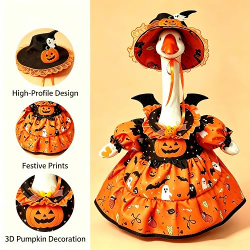 DJKGHCNR Porch Goose Halloween Outfit Pumpkin Witch Costume, 23 Inch Porch Goose Outfits with Orange Dress, Bat Wing Collar Witch Hat, Halloween Goose Outfit for Goose Statue for Patio Yard Decor - image 3