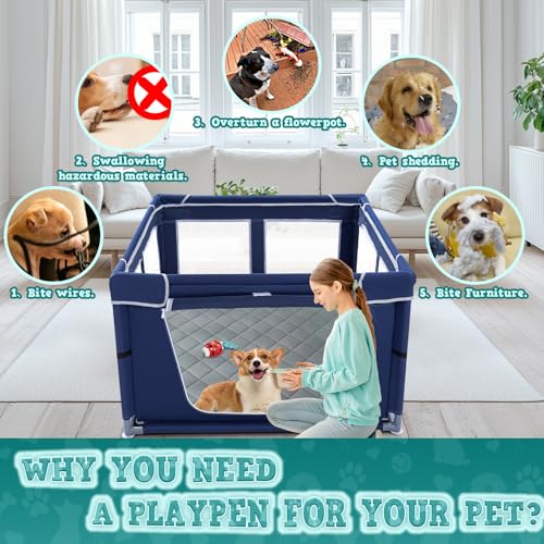 Image of XVISHX 42x42 Inches Puppy Playpen with Dog Pads, Dog Playpen for Puppies or Small Dogs, Pet Playpen for Indoor & Outdoor, Sturdy Safety DogPen with Thickened Fabric, High-Strength Nylon Wire Mesh