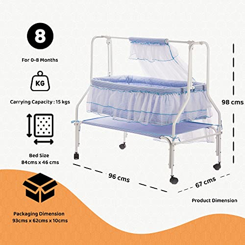Kiddery-Maia-Baby-Cradle-with-New-Improved-Mattress-Design-Mosquito-Protection-Net-All-Wheel-Lock-0-8-Months-Blue
