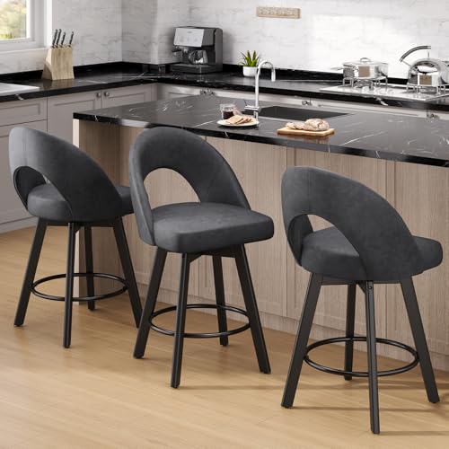 Image of YaFiti 24 inch Counter Height Bar Stools, Ergonomic Curved Back Design Swivel Bar Stools with Faux Leather Seat & Solid Wood Legs for Kitchen Island, 1 PCS, Charcoal Grey