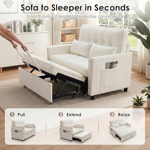 Image of Dreamzie 55'' 3 in 1 Convertible Sofa Bed with USB Charging Ports, Pull Out Couch with Adjustable Backrest and Side Pockets, Sleeper Sofa for Living Room, Apartment, RV, Easy Assembly - Beige