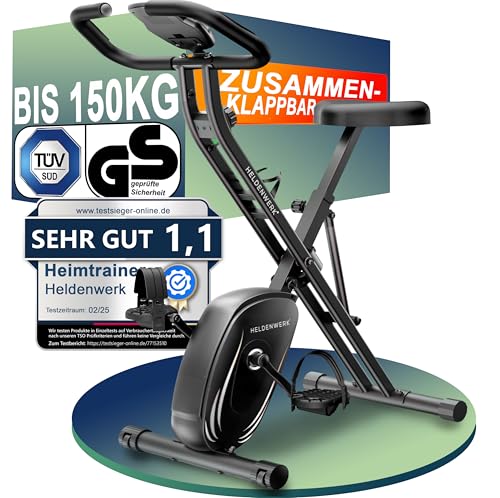 HELDENWERK Heimtrainer fahrrad Klappbar Set-extra bequem & leise- [FlexiFoam] bis 150KG Belastbar Ergometer fahrrad, Hometrainer fahrrad, Ergometer Heimtrainer Senioren, Fitnessbikes, home trainer