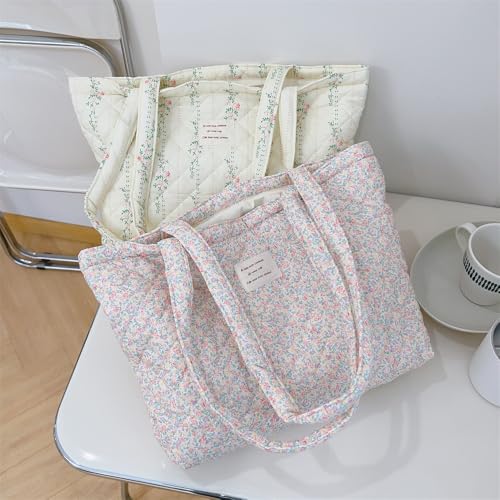Image of Floral Quilted Cotton Shoulder Bag for Women Daily Use Medium Size Handbag Large Capacity Thickened Design Tote