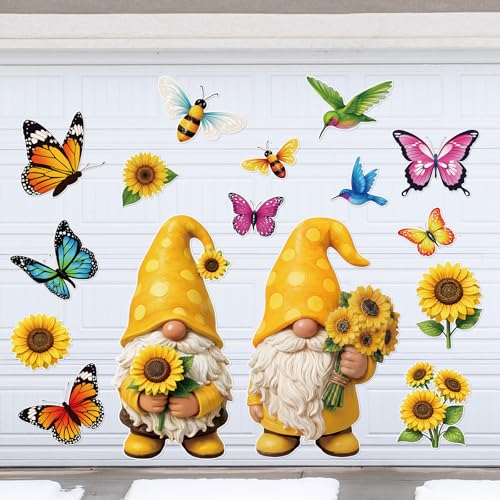 Flutesan 16 Pcs Summer Sunflower Gnome Garage Decoration Magnet Sticker Large Gnome with Sunflower Magnetic Garage Door Decorations for Summer Party Home Decor