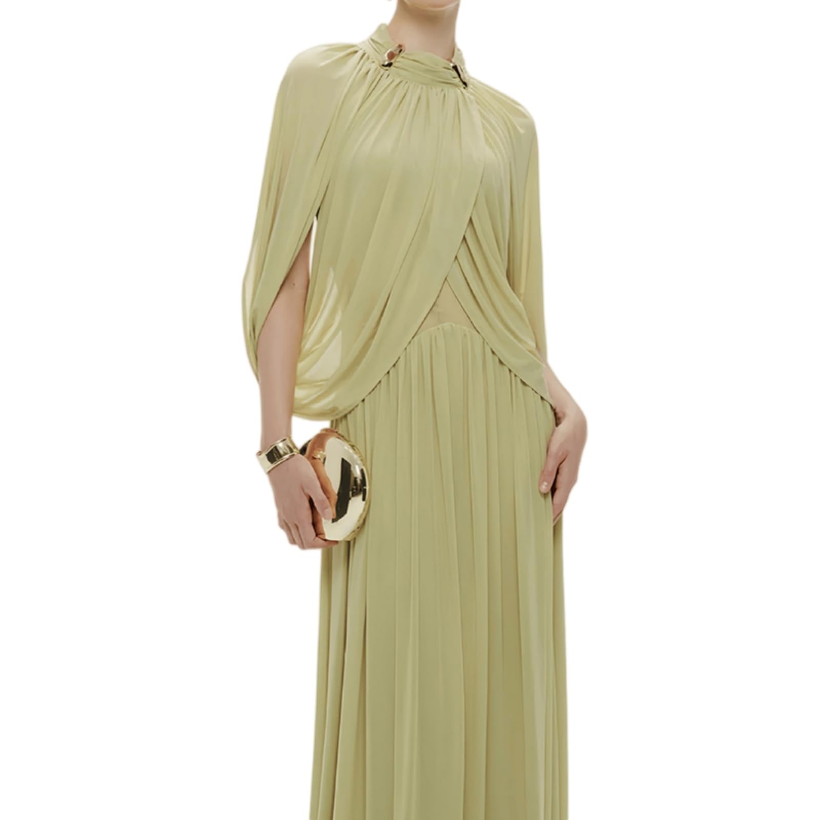 Damenkleid Frauen Elegantes Ruched Langes Kleid O Hals Kreuz Ärmel Form Fitting Cocktail Mit Metall Pin Detail Für Party Wear-01 Green-s