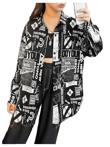 MakeMeChic Girl's Letter Graphic Button Down Shirts Oversized Long Sleeve Blouse Top