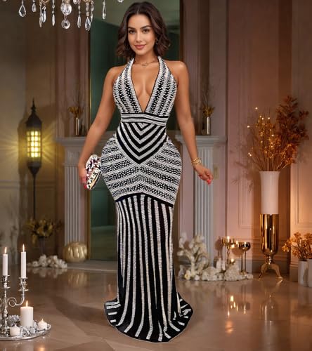 Image of PORRCEY Women's Sexy Rhinestone Mesh See Through Party Night Prom Dress