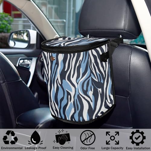 Image of Car Trash Can Blue and White Zebra Car Garbage Bag with Lid Hanging Waterproof Leak Proof Vehicle Storage Bin