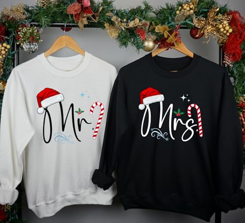 Personalized Handmade Christmas Mr & Mrs Sweatshirts – Matching Holiday Sweaters for Couples, Winter Wedding Gift, Husband & Wife Xmas Shirts Red3