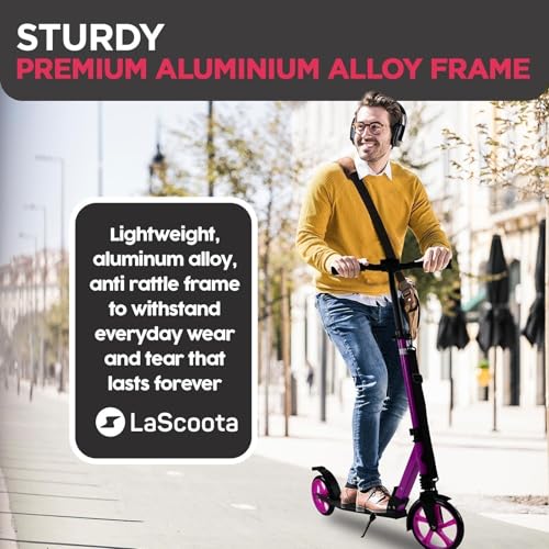 Image of LaScoota Kick Scooter for Kids Ages 6+, Teens & Adults, Large 8 inch Sturdy Urethane Wheels. Adjustable Handlebar, Lightweight, Foldable, 220lbs Max Load