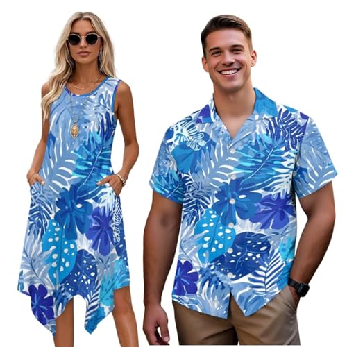 HUGS IDEA Matching Outfits for Couples Men's Blue Tropical Leaves