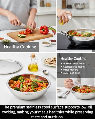 Image of Pradeep Triply Stainless Steel Tasla with SS Lid|3 Ply Tasla /Kadai /Wok|18 /10 Food Grade Steel|Induction&Gas|Heavy Gauge2.5 mm|Deep Kadhai for Frying,Saute,Curry Cooking|Cookware (22cm-1900ml)