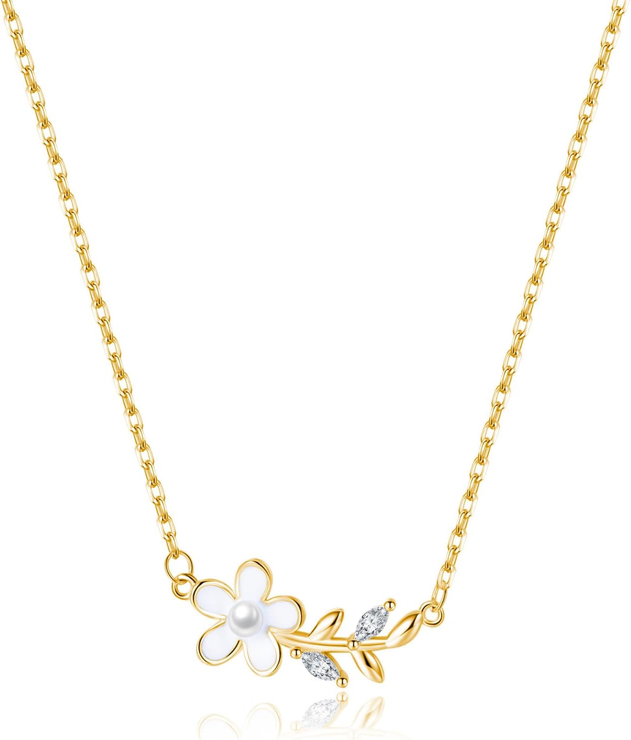 Reffeer Solid 925 Sterling Silver Daisy Flower Chain Necklace for Women Teen Girls CZ Leaf Pendant Necklace Choker