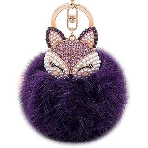 Zinsale Rhinestone Fox Fur Pom Pom Keychains Handbag Charm Car Pendant with Golden Keyring (Purple) Cover