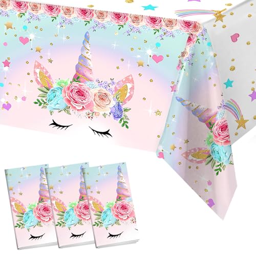 Frigg Nappe Licorne Anniversaire Fille, 3 Pièces 220 * 130cm Nappe Rectangulaire pour Enfants, Nappe de Table Rose pour Décoration Anniversaire Enfant, Licorne Thème, Baby Shower Décoration