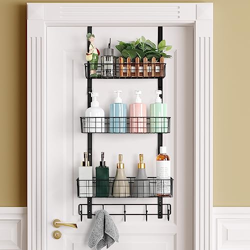 Over the Door Pantry Organizer 3 Tier Hanging Basket Back Door Storage Rack Shelf Metal Over the Door Shelves with 3 Baskets and 5 Hooks for Bathroom Kitchen Pantry Bedroom, Black
