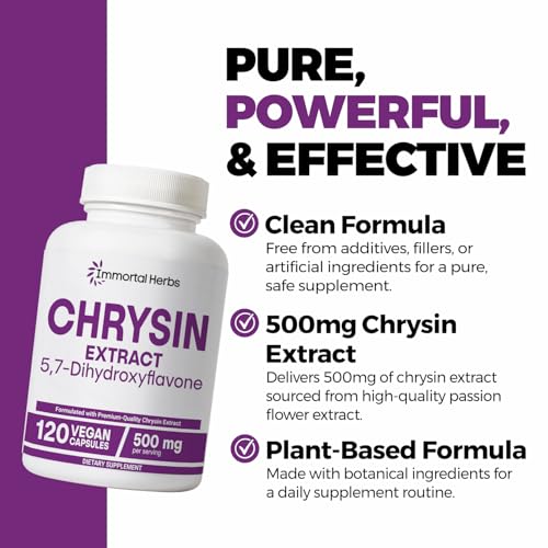 Image of Chrysin Supplement 500mg, 120 Pills, Passion Flower Extract Powder, 5,7-Dihydroxyflavone, Non-GMO and Gluten-Free Chrysin Supplement for Men and Women