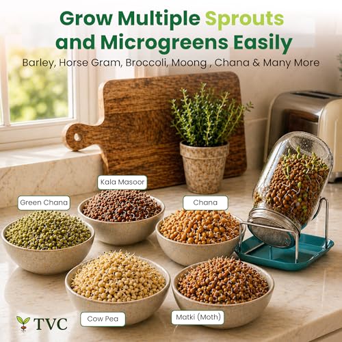 Image of TVC 1L Glass Sprout Maker Jar with Stainless Steel Mesh Lid & Stand | For All Sprouts & Microgreens | Plastic-Free Sprouting Kit | Easy Rinse & Drain, Dishwasher Safe, Rust-Free