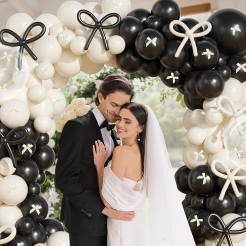 Image of Black and White Balloon Arch Kit, JOGAMS 199Pcs Black and White Bow Birthday Decorations with 260 Clear Balloons Ribbon Bow for Coquette Bow Birthday Bachelorette Baby Shower Bridal Shower Wedding