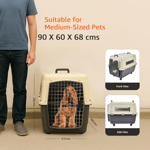 Image of Amazon Basics Heavy Duty Pet Airline Carrier | IATA Approved Medium Pet Carrier | Travel Pet Kennel | Suitable for Medium Size Dogs | Breathable & Washable | 32 Inches