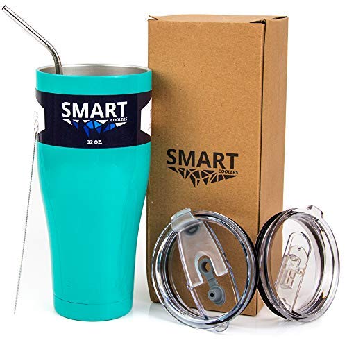 🛒 Crazy Deals Smart Cooler 32 Oz. Sweat Free Ultra-Tough Double Wall Stainless Steel Tumbler Cup with Leak-proof Heavy Duty Tumbler Lids (Slide Lid & Flip Lid), Straw, & Cleaning Brush - Turquoise