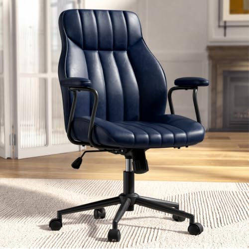 Image of Bananister Blue Leather Office Chair, Mid Century Home Office Desk Chair